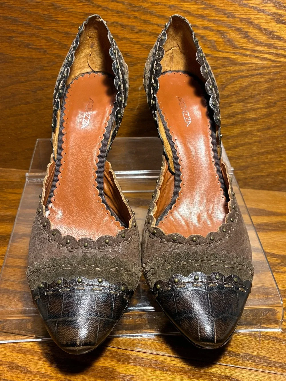 Apepazza Stud Accent Scalloped Trim Cap Toe Leather Heels Brown IT 37.5 US 7.5